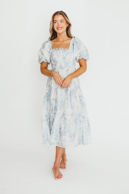 Elena Floral Print Smocked Midi Dress in Blue - Bump Friendly & Inclusive Sizing XS & S Left in Stock)  (Restocking Remaining Sizes in Oct)