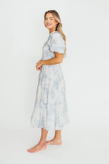 Elena Floral Print Smocked Midi Dress in Blue - Bump Friendly & Inclusive Sizing XS & S Left in Stock)  (Restocking Remaining Sizes in Oct)