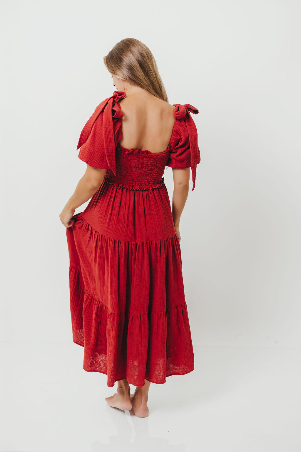 Elena 100% Cotton Smocked Midi Dress in Rust - Bump Friendly