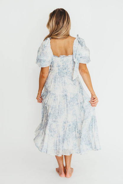 Elena Floral Print Smocked Midi Dress in Blue - Bump Friendly & Inclusive Sizing XS & S Left in Stock)  (Restocking Remaining Sizes in Oct)