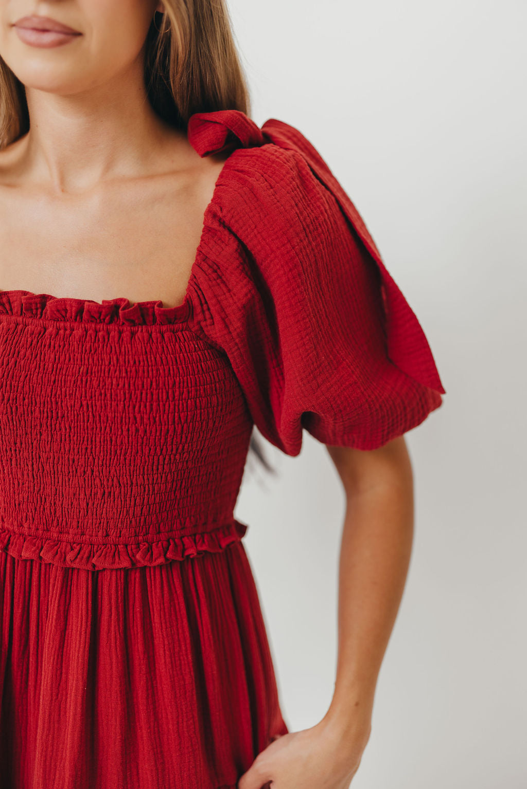 Elena 100% Cotton Smocked Midi Dress in Rust - Bump Friendly