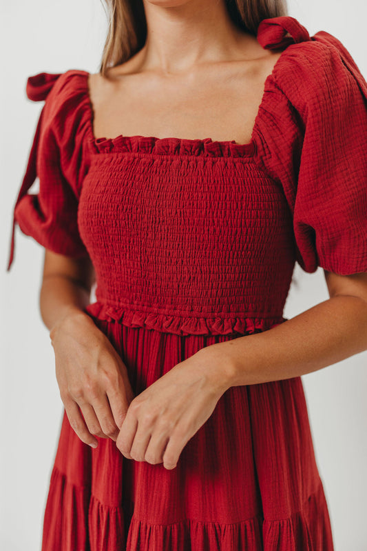 Elena 100% Cotton Smocked Midi Dress in Rust - Bump Friendly