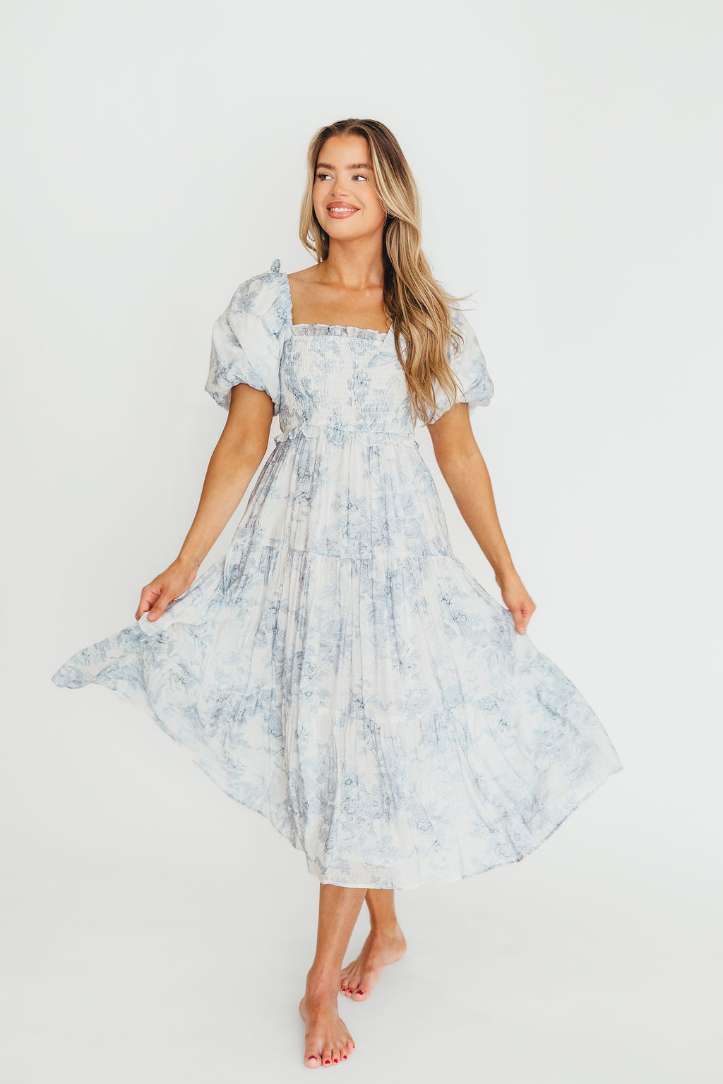 Elena Floral Print Smocked Midi Dress in Blue - Bump Friendly & Inclusive Sizing XS & S Left in Stock)  (Restocking Remaining Sizes in Oct)