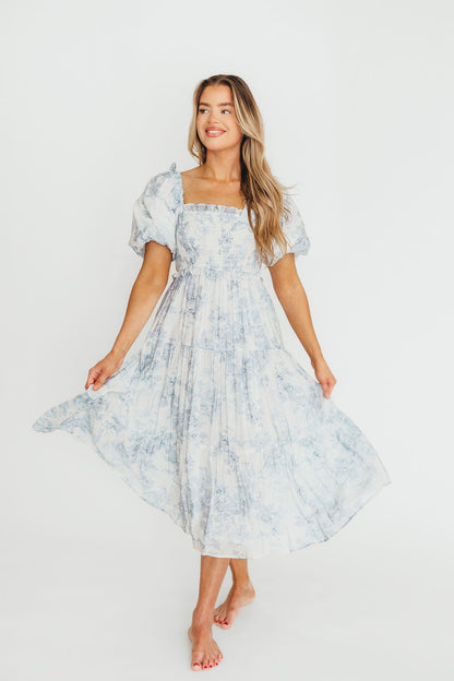 Elena Floral Print Smocked Midi Dress in Blue - Bump Friendly & Inclusive Sizing XS & S Left in Stock)  (Restocking Remaining Sizes in Oct)