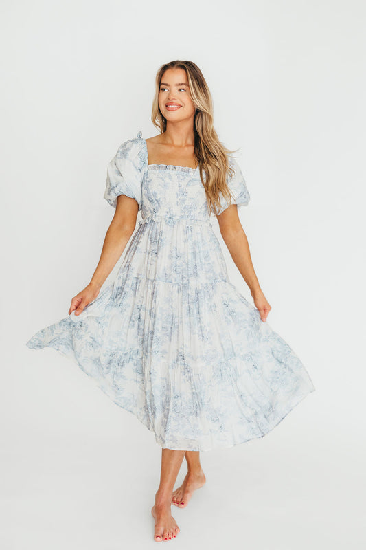 Elena Floral Print Smocked Midi Dress in Blue - Bump Friendly & Inclusive Sizing XS & S Left in Stock)  (Restocking Remaining Sizes in Oct)