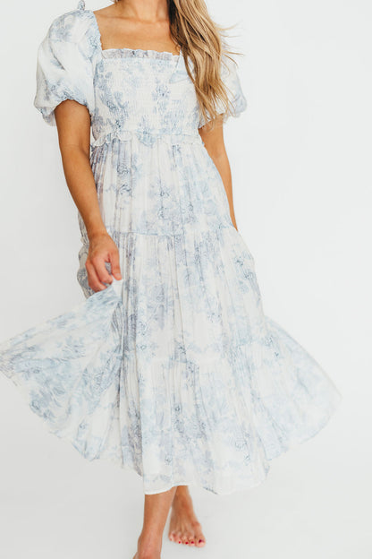 Elena Floral Print Smocked Midi Dress in Blue - Bump Friendly & Inclusive Sizing XS & S Left in Stock)  (Restocking Remaining Sizes in Oct)