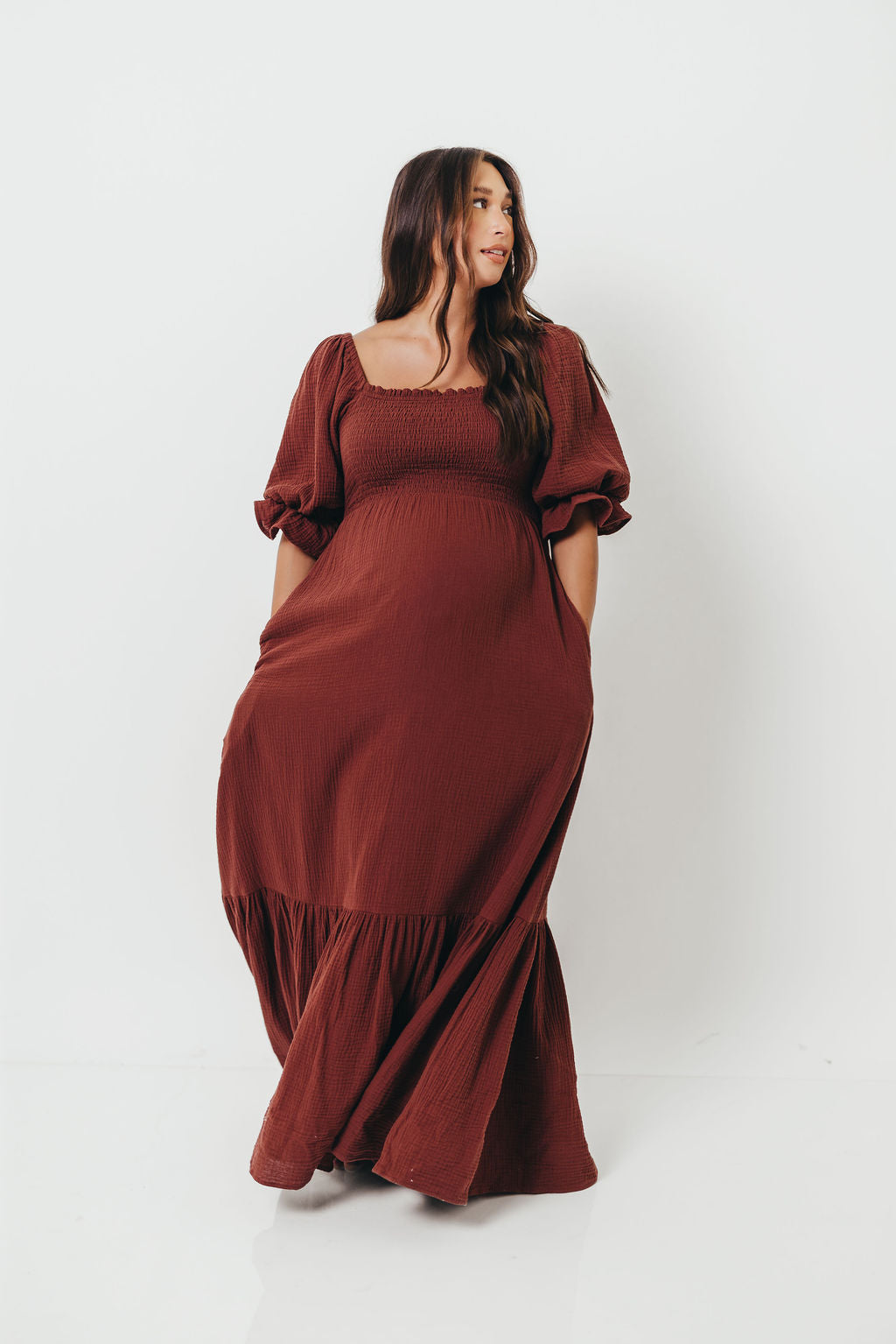 Livvy 100% Cotton Maxi Dress in Rust Brown - Bump Friendly