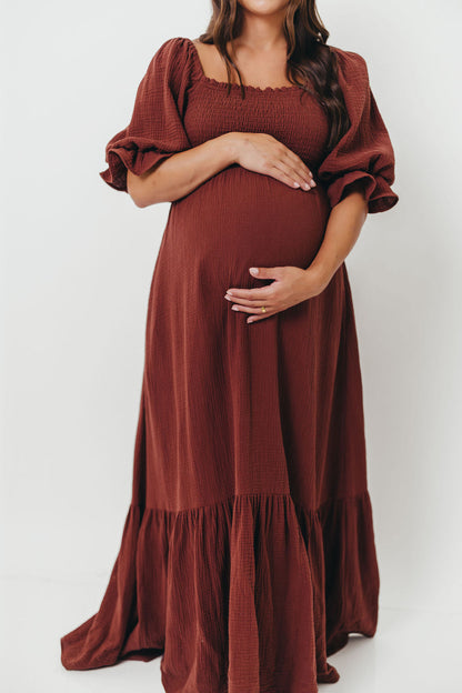 Livvy 100% Cotton Maxi Dress in Rust Brown - Bump Friendly