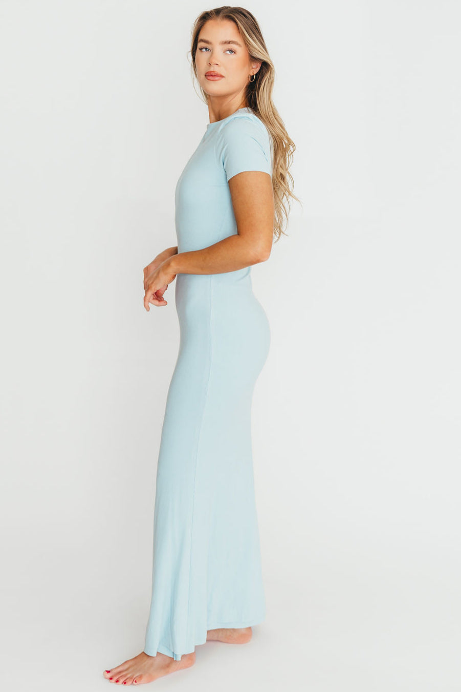 The Charlie Ribbed Maxi Dress in Baby Blue -Bump Friendly