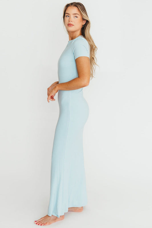 The Charlie Ribbed Maxi Dress in Baby Blue -Bump Friendly