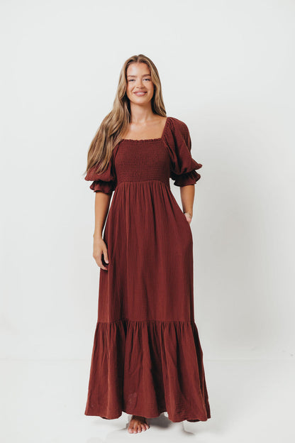 Livvy 100% Cotton Maxi Dress in Rust Brown - Bump Friendly