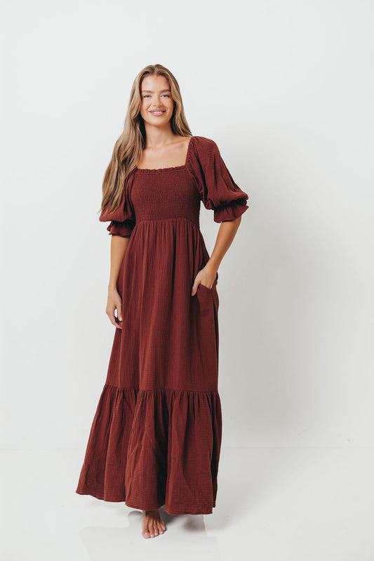 Livvy 100% Cotton Maxi Dress in Rust Brown - Bump Friendly