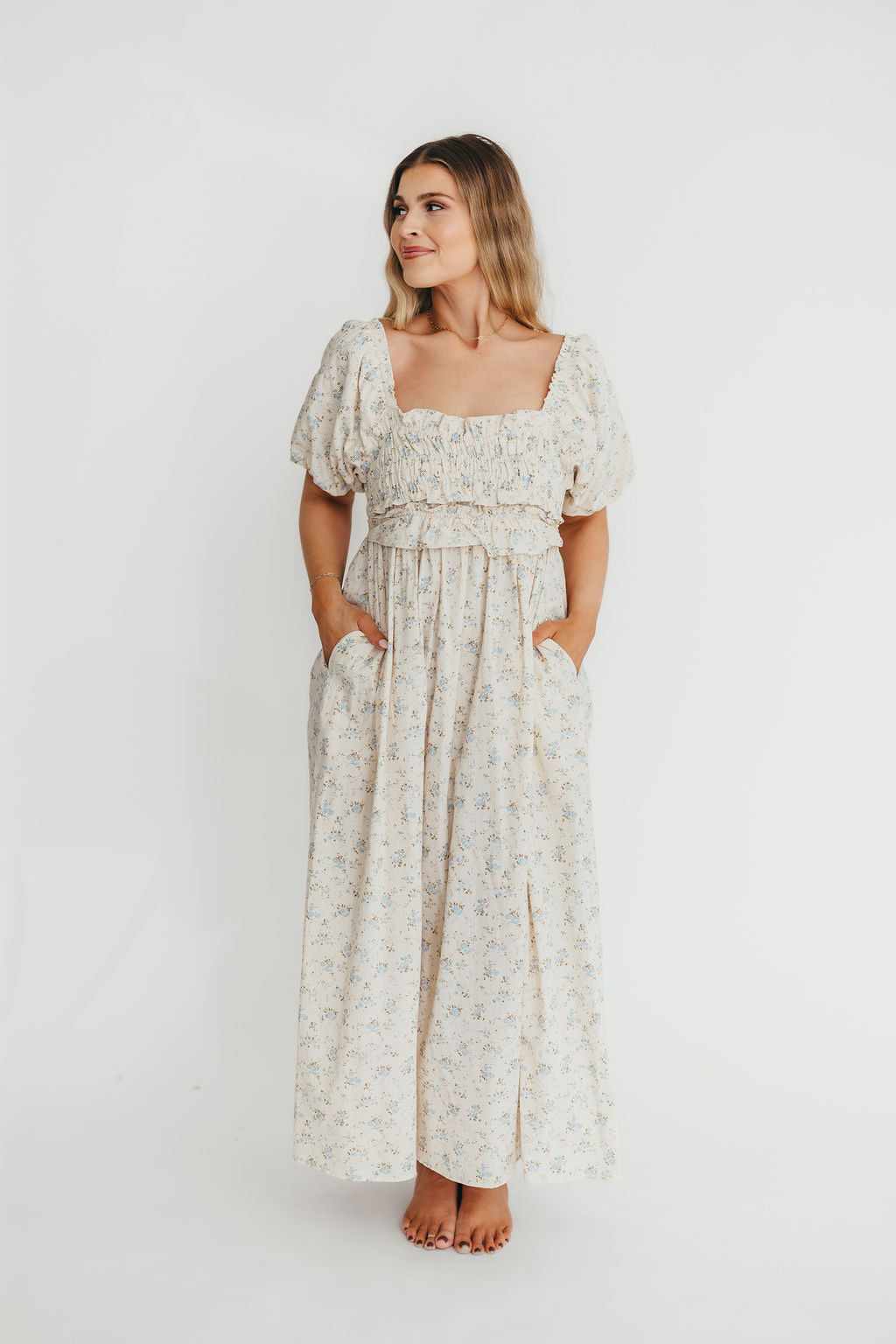 Finley 100% Cotton Peplum Midi Dress in Ivory/Blue - Bump & Nursing Friendly