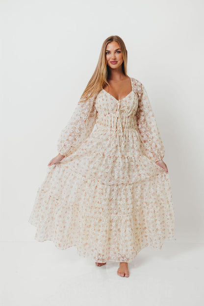 Macklynn V-Neck Long Sleeve Tier Maxi Dress in Cream/Orange Floral