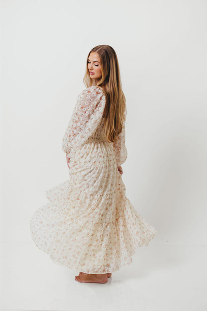 Macklynn V-Neck Long Sleeve Tier Maxi Dress in Cream/Orange Floral