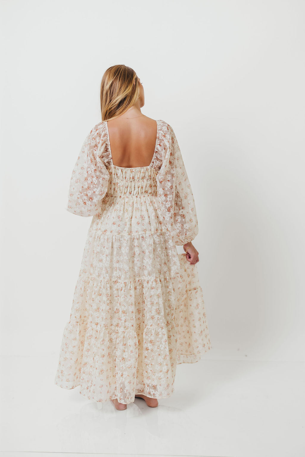 Macklynn V-Neck Long Sleeve Tier Maxi Dress in Cream/Orange Floral
