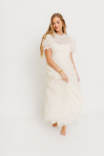 Serena Ruffle Frill Swiss Mesh Maxi Dress in Cream