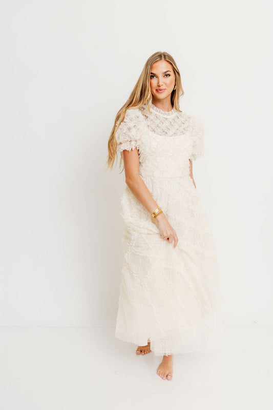 Serena Ruffle Frill Swiss Mesh Maxi Dress in Cream