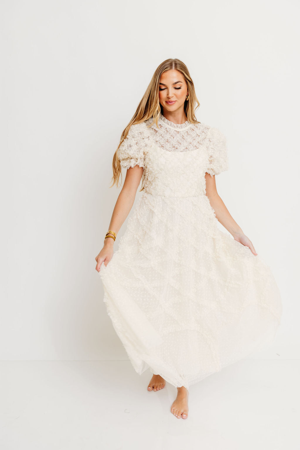 Serena Ruffle Frill Swiss Mesh Maxi Dress in Cream