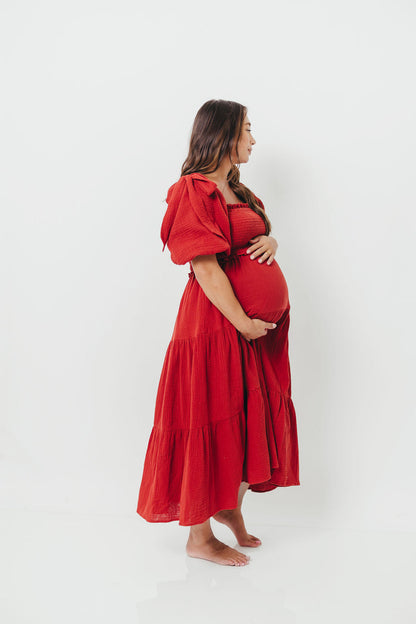 Elena 100% Cotton Smocked Midi Dress in Rust - Bump Friendly