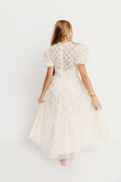 Serena Ruffle Frill Swiss Mesh Maxi Dress in Cream