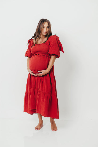Elena 100% Cotton Smocked Midi Dress in Rust - Bump Friendly