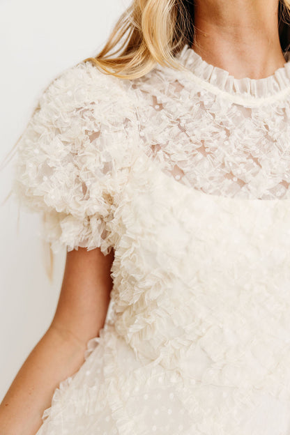 Serena Ruffle Frill Swiss Mesh Maxi Dress in Cream