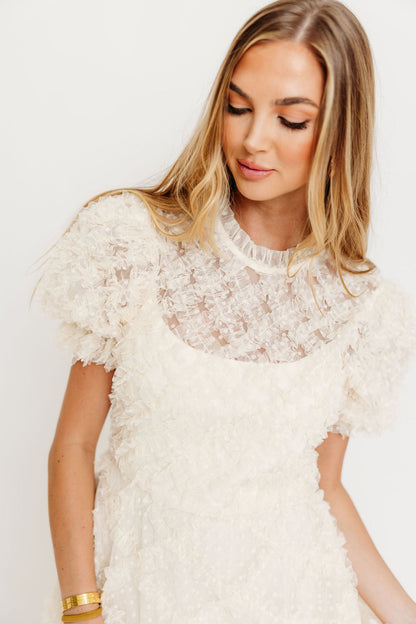 Serena Ruffle Frill Swiss Mesh Maxi Dress in Cream
