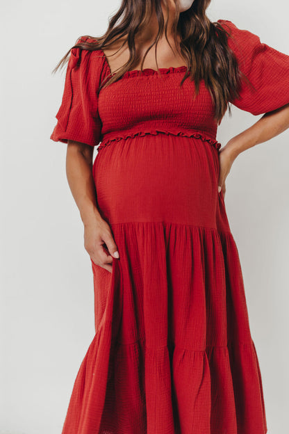 Elena 100% Cotton Smocked Midi Dress in Rust - Bump Friendly