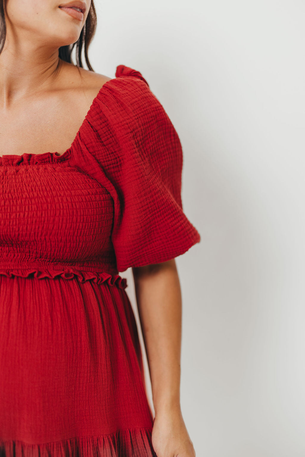 Elena 100% Cotton Smocked Midi Dress in Rust - Bump Friendly