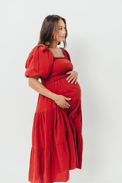 Elena 100% Cotton Smocked Midi Dress in Rust - Bump Friendly