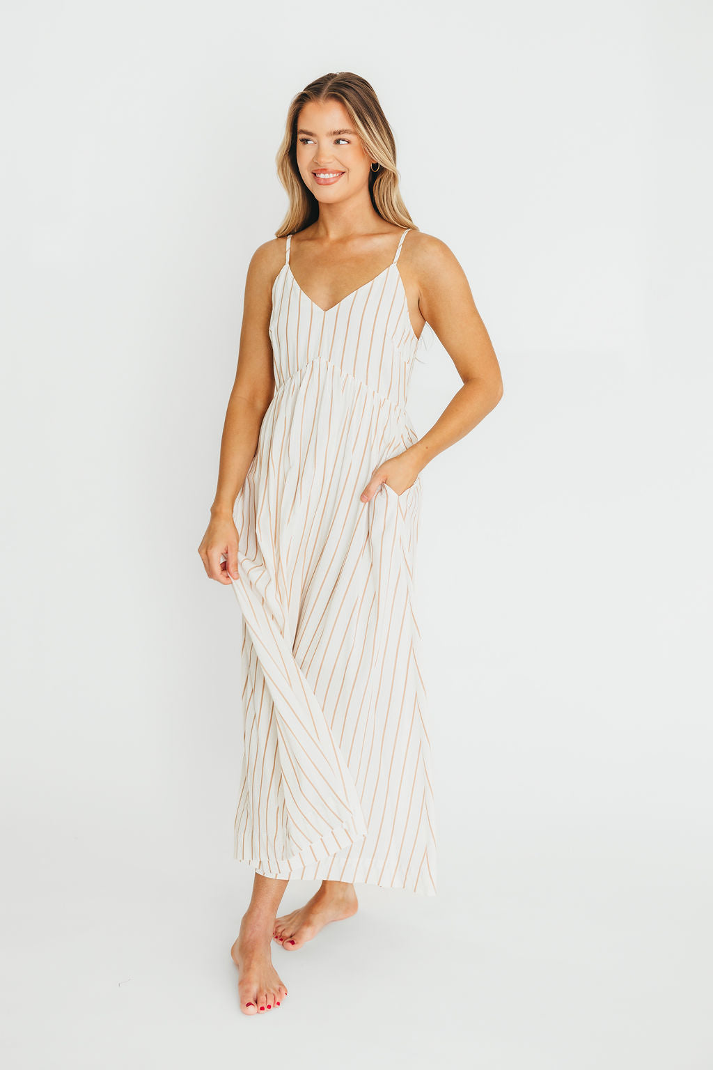 Genesis Stripe Midi Dress in White/Taupe