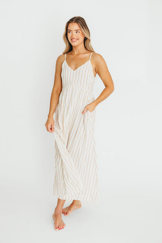 Genesis Stripe Midi Dress in White/Taupe