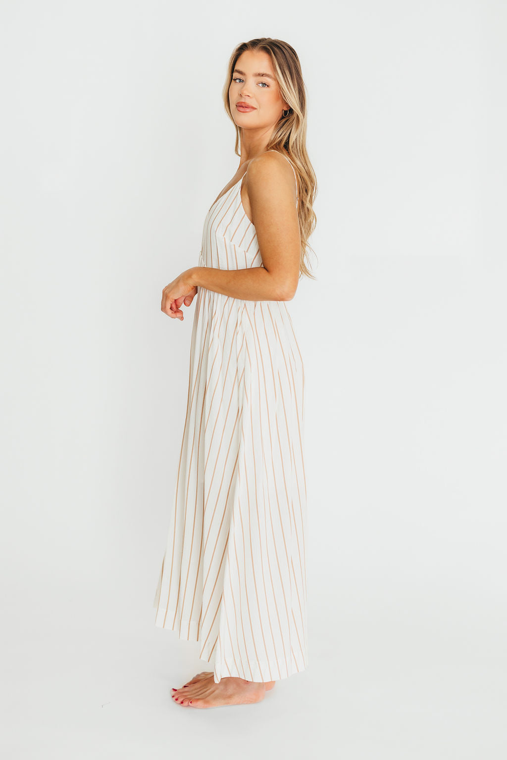 Genesis Stripe Midi Dress in White/Taupe