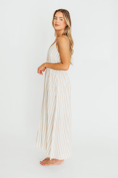 Genesis Stripe Midi Dress in White/Taupe