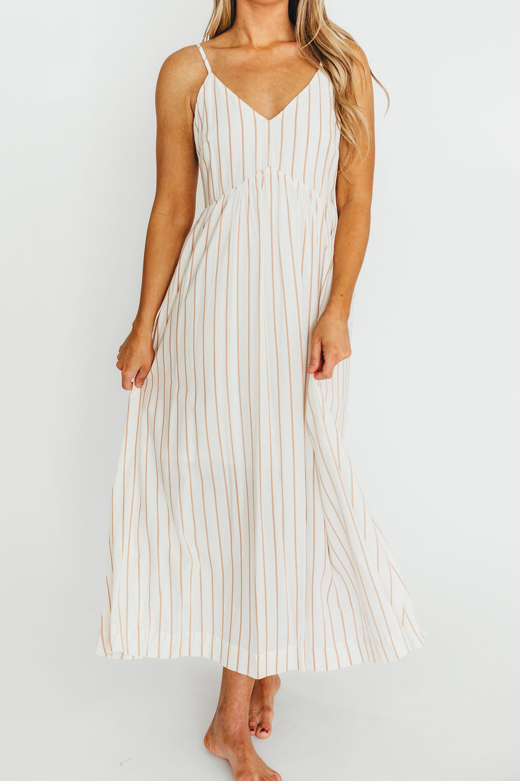 Genesis Stripe Midi Dress in White/Taupe