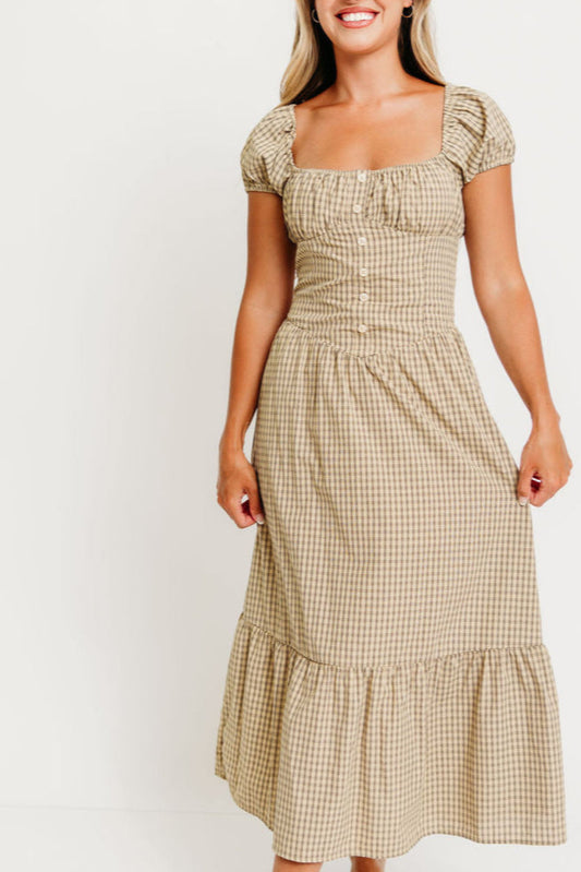 Paulette Plaid Ruffled Hem Maxi Dress in Beige