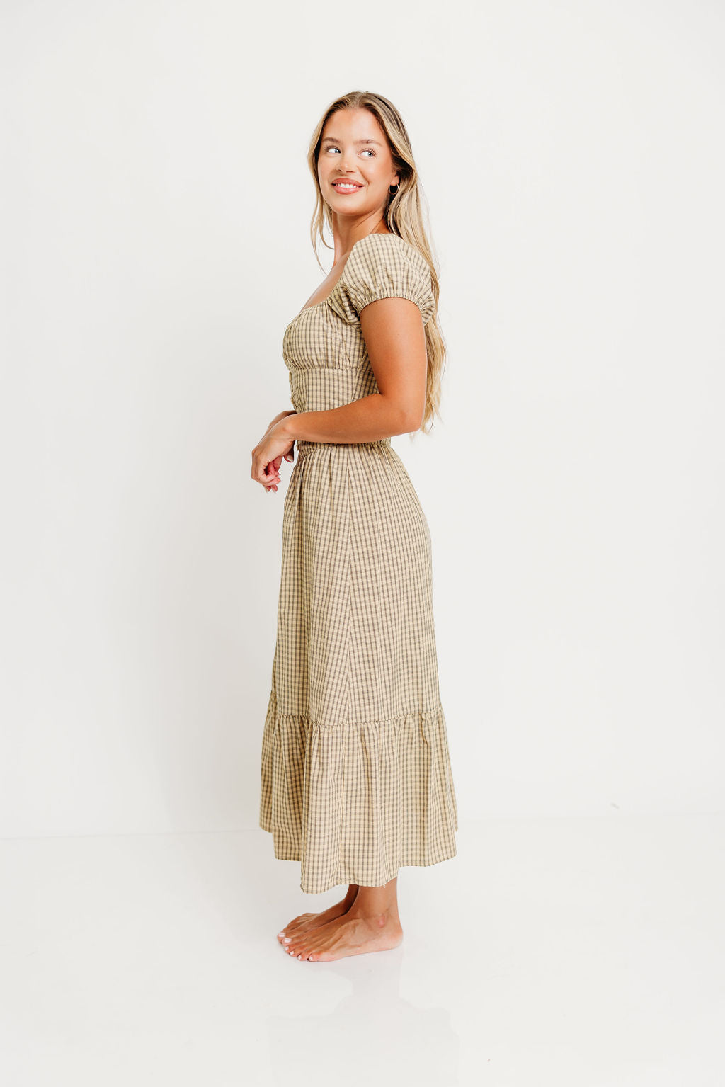 Paulette Plaid Ruffled Hem Maxi Dress in Beige