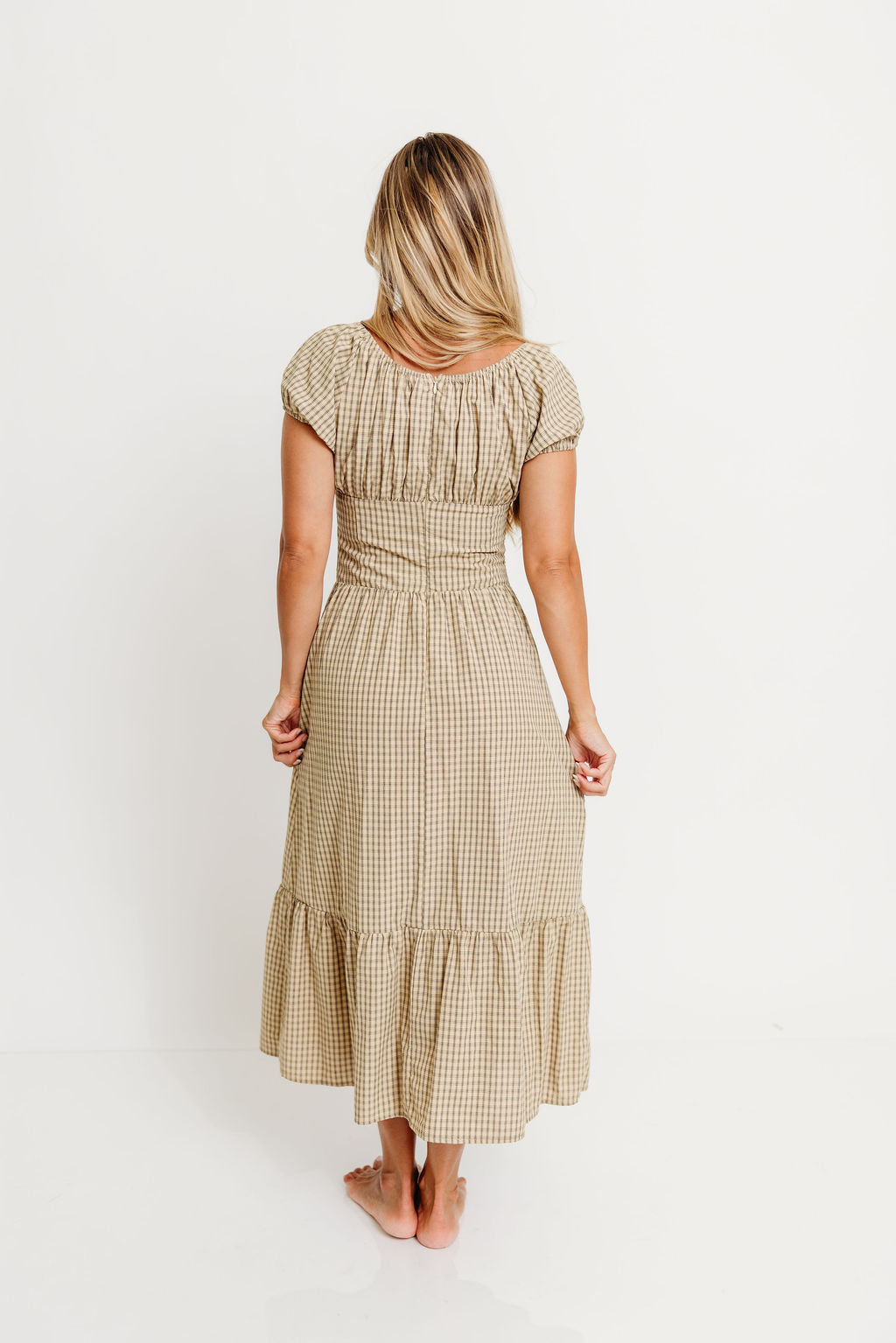 Paulette Plaid Ruffled Hem Maxi Dress in Beige
