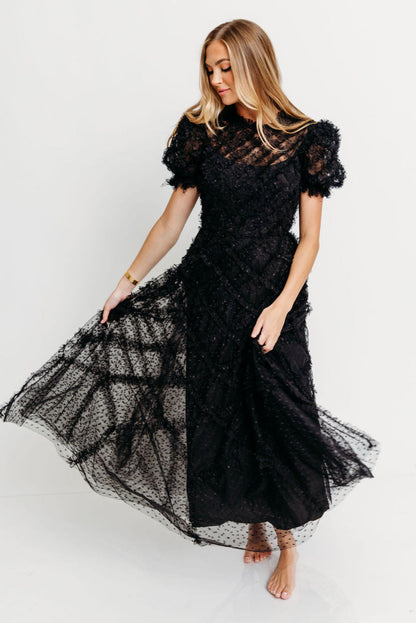Serena Ruffle Frill Swiss Mesh Maxi Dress in Black