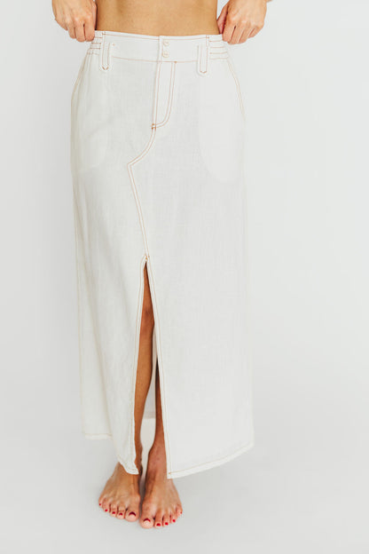 Marium Washed Linen Blend Maxi Skirt in Off-White