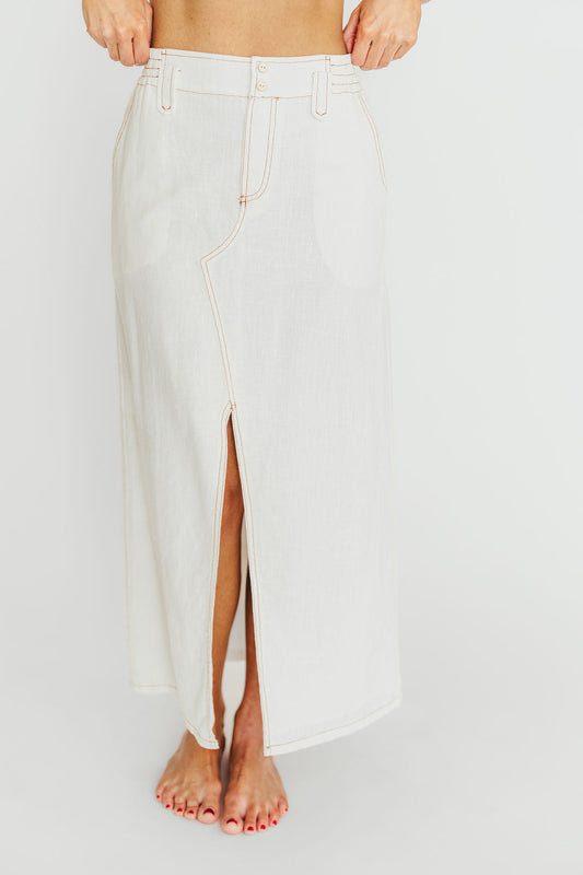Marium Washed Linen Blend Maxi Skirt in Off-White