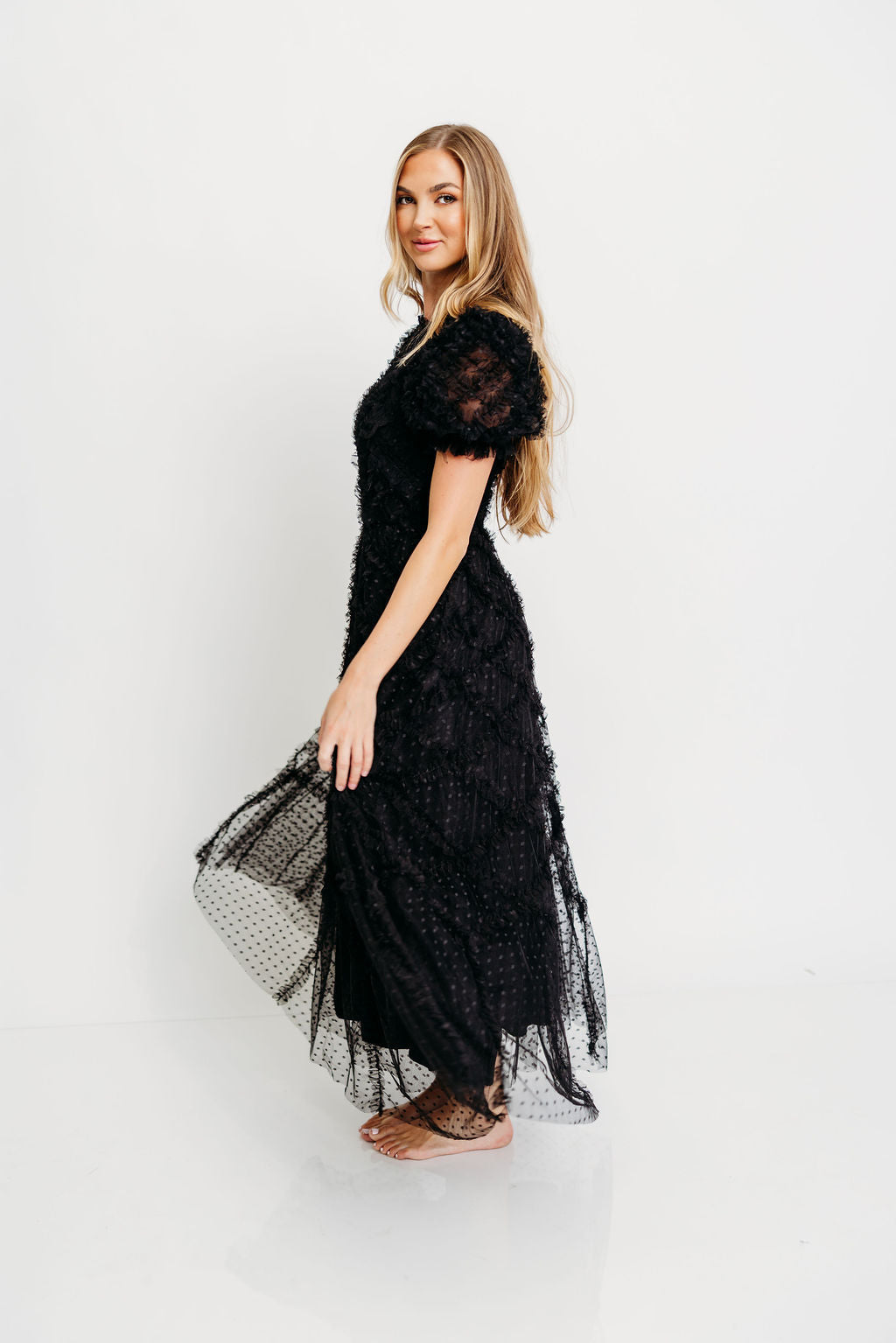 Serena Ruffle Frill Swiss Mesh Maxi Dress in Black