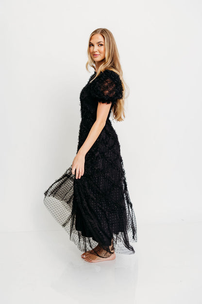 Serena Ruffle Frill Swiss Mesh Maxi Dress in Black