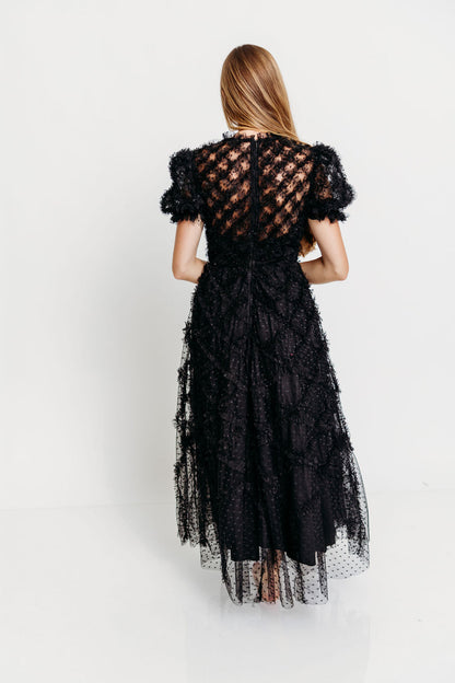 Serena Ruffle Frill Swiss Mesh Maxi Dress in Black