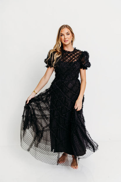 Serena Ruffle Frill Swiss Mesh Maxi Dress in Black