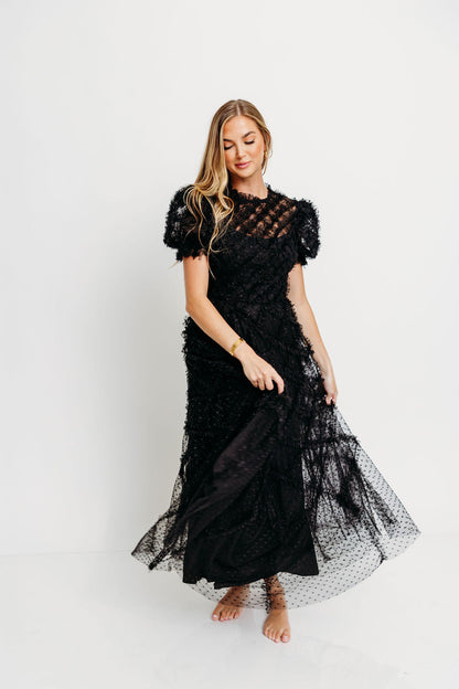 Serena Ruffle Frill Swiss Mesh Maxi Dress in Black