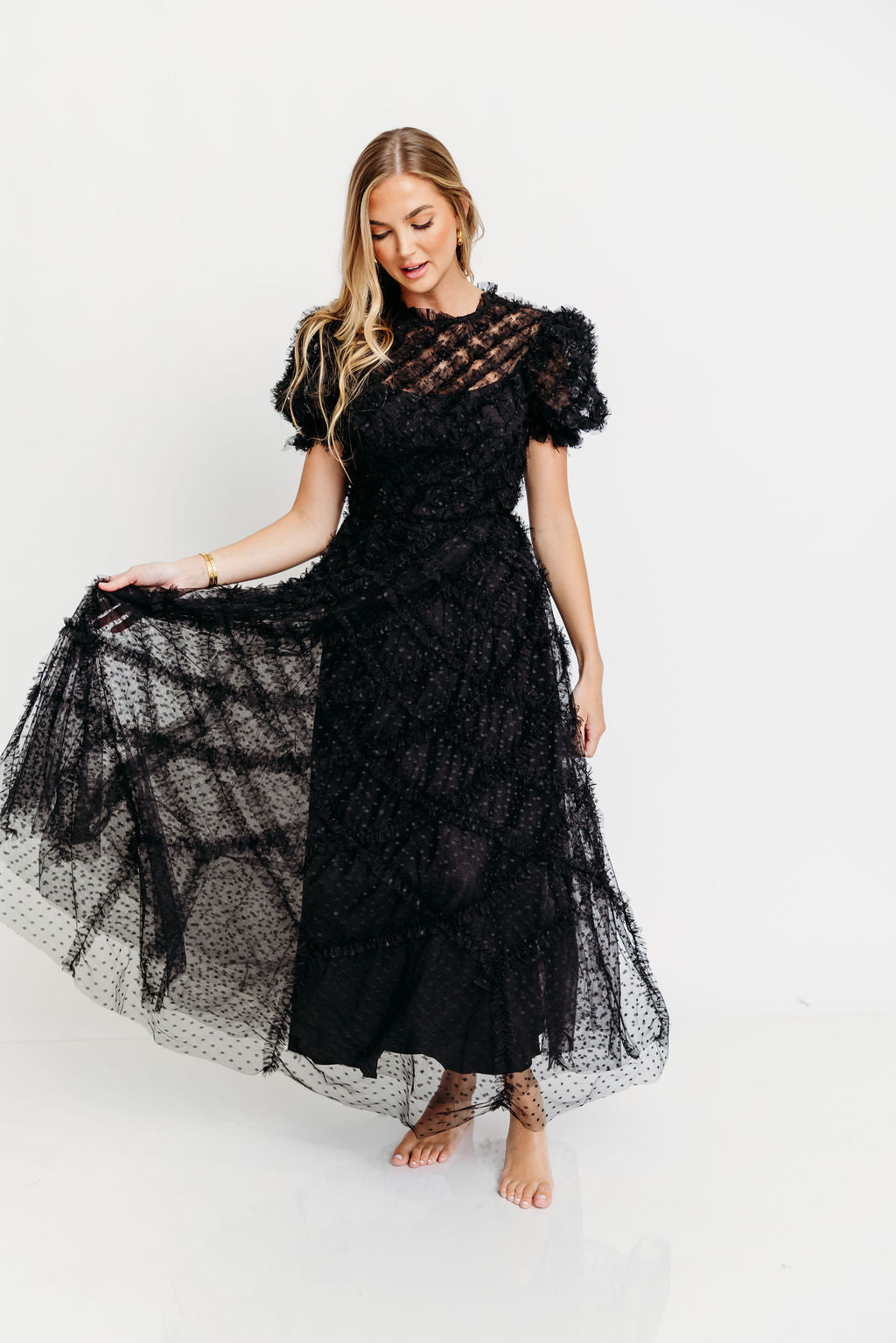 Serena Ruffle Frill Swiss Mesh Maxi Dress in Black