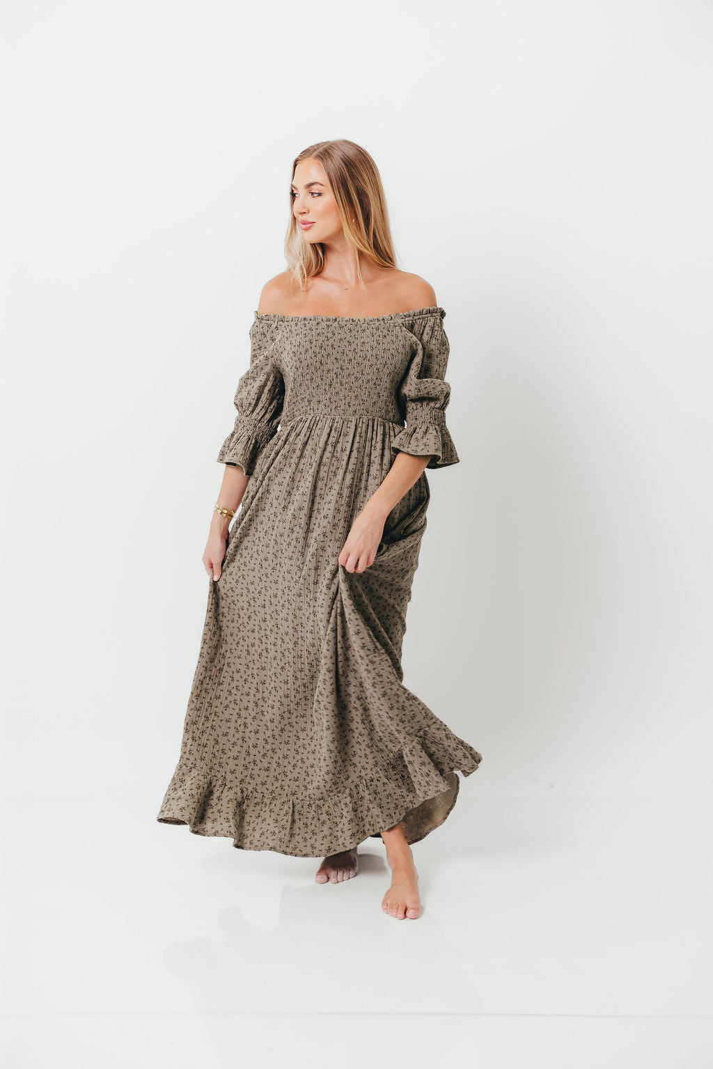 Sienna 100% Cotton Puff Sleeve Maxi Dress in Olive Foliage - Bump Friendly *9/26 PRE-ORDER*