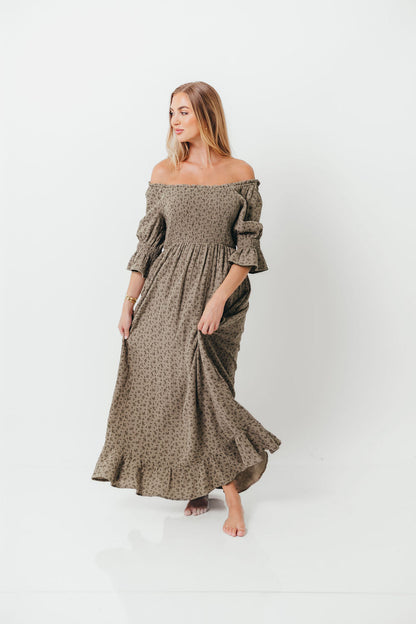 Sienna 100% Cotton Puff Sleeve Maxi Dress in Olive Foliage - Bump Friendly *9/26 PRE-ORDER*